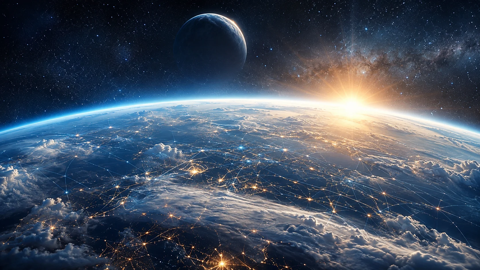 宇宙から見た地球。光がつながり、新しい視点が広がる